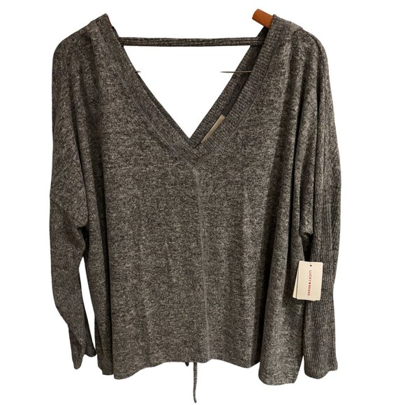 Lucky Brand Cloud Soft Deep V Neck Top Sz Large Ruched Back w/ Tie Marbled Gray - Picture 1 of 6